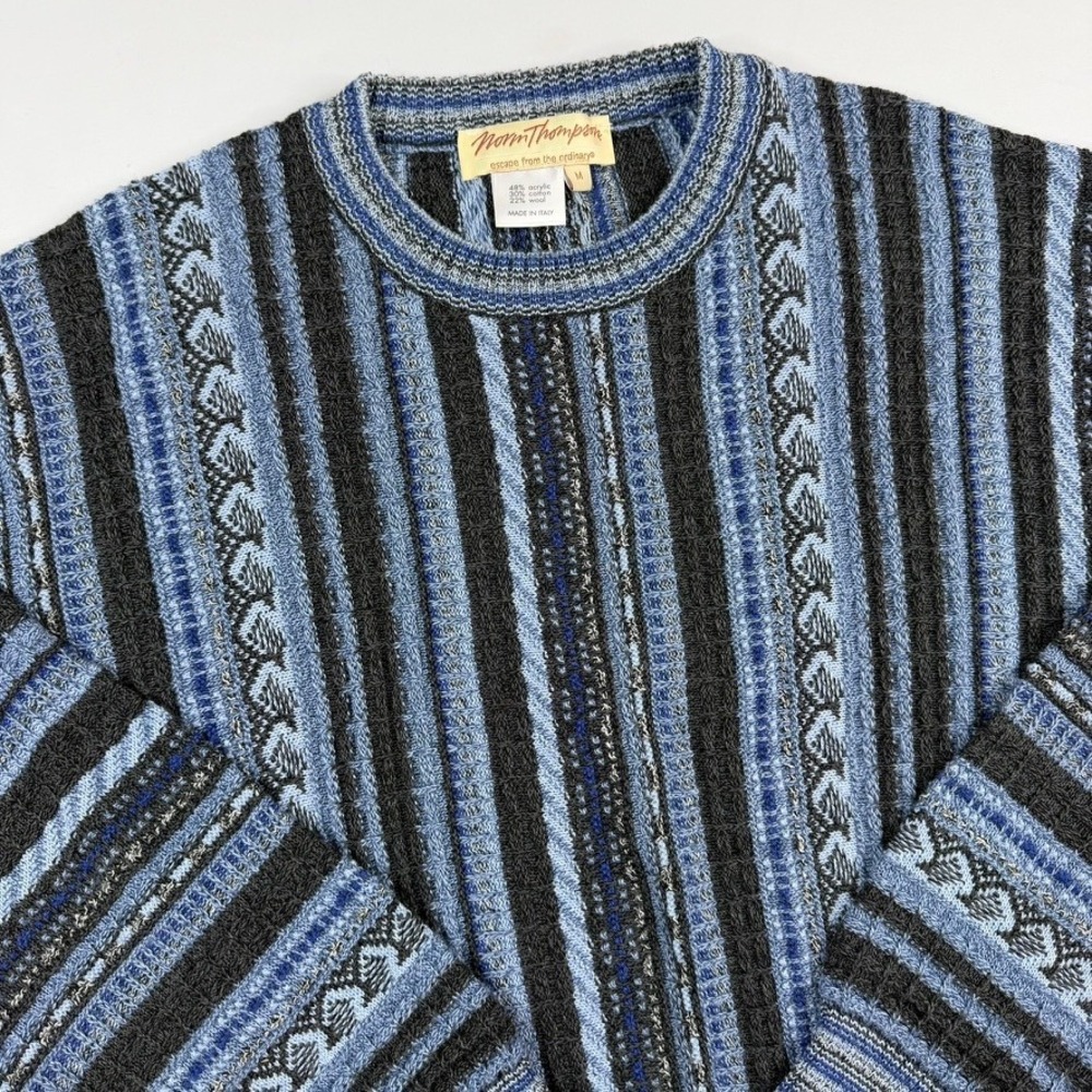 Vtg Norm Thompson Sweater Mens Medium Blue Grey 3D Textured Knit Italy Made 90s